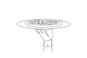 singolo uno linea disegno Cameriere Tenere cibo vassoio servendo Pizza. tipico italiano cibo. delizioso. molte di condimenti. peperoni. muffa. salsiccia. Mozzarella. continuo linea design grafico illustrazione vettore