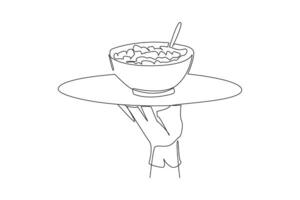 singolo continuo linea disegno il Cameriere detiene un' cibo vassoio servendo cereale. Alimenti generalmente mangiato per prima colazione. servito con fresco latte. gustoso. delizioso. Riempimento. uno linea design illustrazione vettore
