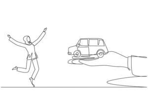 singolo continuo linea disegno arabo donna d'affari eccitato per ottenere miniatura auto a partire dal gigante mano. auto regalo. mezzi di trasporto per Continua in direzione successo. brillante. uno linea design illustrazione vettore