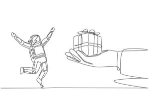 singolo continuo linea disegno astronauta eccitato per ottenere il regalo scatola a partire dal il gigante mano. ordinatamente avvolto nel cartone. decorato con nastro. speciale regalo. successo. uno linea design illustrazione vettore