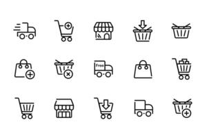 e-commerce mercato icona impostare. in linea shopping e carrello elementi. e-business simbolo. schema icone collezione. vettore