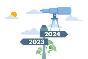 concetto di azienda visione e missione per Il prossimo anno. telescopio in piedi e guardare in il distanza 2024 su un' direzione cartello, piatto modello stile adatto per ragnatela atterraggio pagine. vettore