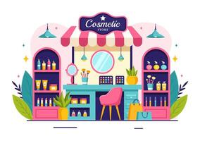 cosmetici memorizzare illustrazione con ragazza cura della pelle, cosmetici, profumo, trucco e bellezza prodotti scelta nel nel piatto cartone animato sfondo vettore