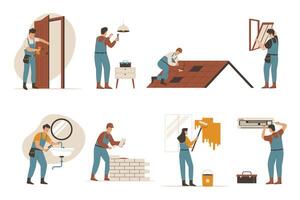 illustrazione impostato di personaggi riparazione casa vettore