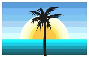 paesaggio di il oceano e il sole con palma albero. onda di vapore. nero silhouette di un' tropicale albero. colore livelli. Alba o tramonto su il spiaggia. palma le foglie. gioco disegno. natura. illustrazione vettore