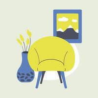 poltrona, Grano e pittura - casa arredamento. interno di camera con arredamento. Casa pianta nel vaso. montagna paesaggio. accogliente posto, hygge. colore Immagine - blu e giallo. disegnato. illustrazione vettore