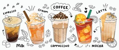 caldo e freddo caffè bevanda con carino scarabocchio decorazione. caffè espresso, Americano tazza, cappuccino e latte macchiato nel occhiali. illustrazione miscelato caffè per logo, Annunci, promozione, marketing, striscione. vettore