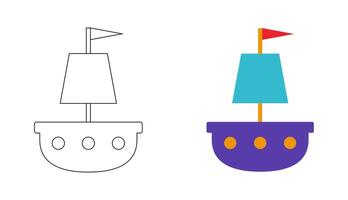 colorazione libro illustrazione. vela barca pirata nave per bambini semplice cartone animato design elemento. schema nero contorno e colorato icone. vettore
