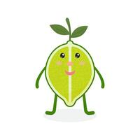 carino kawaii lime, cartone animato maturo frutta. illustrazione di cartone animato verde lime con genere occhi e Sorridi, divertente emoji. succoso agrume etichetta. vettore