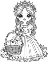 Principessa Tenere frutta cestino, kawaii cartone animato carattere, carino linea disegno e colorato colorazione pagina vettore