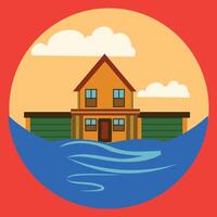 Casa su il acqua. piatto design. illustrazione di un' Casa in piedi su il acqua, piace un' galleggiante isola. unico insediamento illustrazione design elemento. può essere Usato come un' parete arredamento vettore
