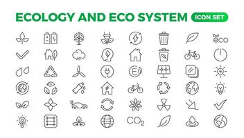ecologia icona impostare. ecofriendly icona, natura icone impostare. lineare ecologia icone. ambientale sostenibilità semplice simbolo. semplice impostato di linea icone. globale riscaldamento, foreste, biologico agricoltura. vettore
