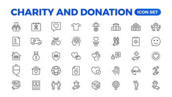 beneficenza e donazione icona impostare. beneficenza e donazione icona impostare, aiuto, volontario, donato assistenza, condivisione, e solidarietà simbolo. solido icone collezione. vettore