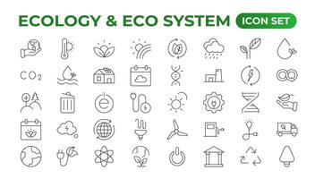 ecologia icona impostare. ecofriendly icona, natura icone impostare. lineare ecologia icone. ambientale sostenibilità semplice simbolo. semplice impostato di linea icone. globale riscaldamento, foreste, biologico agricoltura. vettore