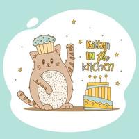 simpatici animali disegnati a mano con scritte. gatto con torta con candele cupcake e cappello da chef. gattino in cucina. vettore. vettore