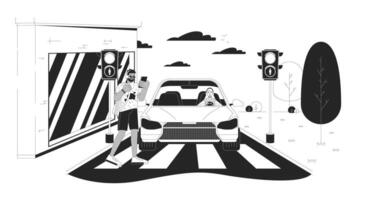 attraversamento strada a rosso leggero nero e bianca cartone animato piatto illustrazione. uomo a piedi attraverso strada nel davanti di auto 2d Linea artistica personaggi isolato. incidente Pericolo monocromatico scena schema Immagine vettore