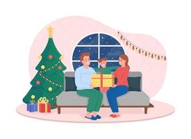 Natale in famiglia a casa 2d illustrazione vettoriale isolato. genitori sorridenti con personaggi piatti bambino felice su sfondo di cartone animato. celebrazione delle vacanze invernali a casa scena colorata