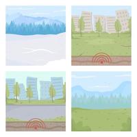 set di illustrazioni vettoriali a colori piatti dei parchi urbani nazionali. montagne e foreste invernali. ambienti naturali. danni da terremoto collezione di paesaggi urbani di cartoni animati 2d con edifici sullo sfondo