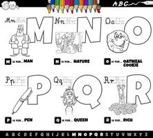 Set di cartoni animati di lettere dell'alfabeto educativo da m a r pagina da colorare vettore