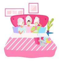 ragazze notte piatta illustrazione vettoriale. amiche che applicano maschere facciali personaggi dei cartoni animati. amiche a letto, che dormono insieme. sonno, concetto di festa di compleanno pigiama party. giornata termale a casa vettore