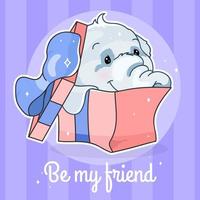 simpatico elefante kawaii personaggio post sui social media mockup. sii il mio amico lettering. poster positivo, modello di carta con animale in confezione regalo. layout dei contenuti dei social media. stampa, illustrazione di libri per bambini vettore