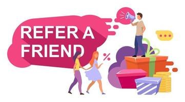 referral marketing illustrazione piatta. premi di riferimento, bonus. strategia di attrazione del cliente, programmi di fidelizzazione. marketing di influencer, concetto di fumetto passaparola. referrer con caratteri client vettore