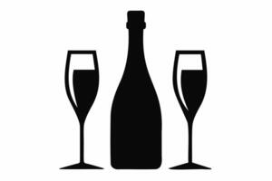 silhouette di un' Champagne bottiglia con Due occhiali. nero e bianca grafico illustrazione isolato su bianca sfondo. minimalista design. concetto di celebrazione, nuovo anno, Natale, tostatura vettore