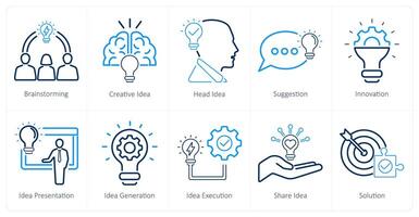 un' impostato di 10 idea icone come brainstorming, creativo idea, testa idea vettore