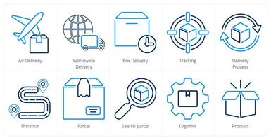 un' impostato di 10 consegna icone come aria consegna, In tutto il mondo consegna, scatola consegna vettore