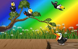 uccello tucano nella foresta su sfondo arcobaleno sfumato vettore