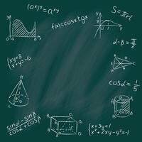 gesso scarabocchio matematica lavagna. il giro design modello includere di matematico figure, triangolo, funzioni, formula, calcolo, equazione. manoscritto bianca col gesso geometria segni su scuola lavagna vettore