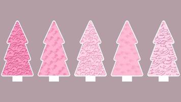 cinque alberi di Natale monocromatici rosa con contorno bianco e motivo a trama astratto. stile piatto vettore