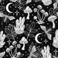 modello con mezzaluna Luna con viso, stelle, notte la farfalla, falena, fiori e stella polvere. mitologico fiaba, mistico concetto. per vestiario, abbigliamento, magliette, bambini design vettore