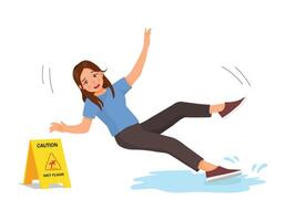 giovane donna avendo incidente slittamento su bagnato pavimento e caduta giù vicino giallo attenzione cartello vettore