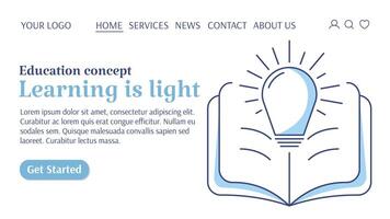 Aperto libro con leggero lampadina. apprendimento è luce, formazione scolastica concetto, crescente conoscenza, personale crescita e sviluppo, modo per successo. modello per ragnatela, striscione, atterraggio pagina, sito web, avviare. vettore