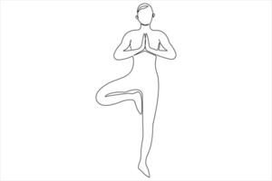continuo uno linea arte disegno di uomo fare esercizio nel yoga posa schema illustrazione vettore