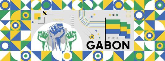 bandiera e carta geografica di Gabon con sollevato pugni. nazionale giorno o indipendenza giorno design per paese celebrazione. moderno retrò design con astratto icone. vettore