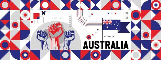 bandiera e carta geografica di Australia con sollevato pugni. nazionale giorno o indipendenza giorno design per paese celebrazione. moderno retrò design con astratto icone. vettore