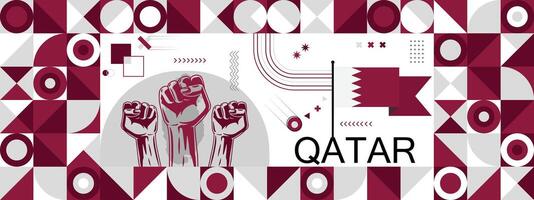 bandiera e carta geografica di Qatar con sollevato pugni. nazionale giorno o indipendenza giorno design per paese celebrazione. moderno retrò design con astratto icone. vettore