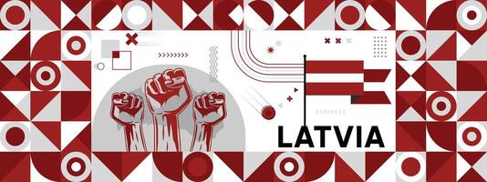 bandiera e carta geografica di Lettonia con sollevato pugni. nazionale giorno o indipendenza giorno design per paese celebrazione. moderno retrò design con astratto icone. vettore