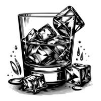 nero e bianca silhouette di un' bicchiere Whisky scotch su il rocce vettore