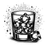 nero e bianca silhouette di un' bicchiere Whisky scotch su il rocce vettore