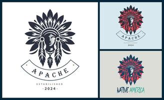 apache indiano azteco nativo americano guerriero tribù viso testa logo modello design vettore