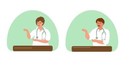 un' femmina medico e un' maschio medico con un' stetoscopio nel un' bianca cappotto a il tavolo. il medico dà raccomandazioni per trattamento e fornisce medico assistenza. vettore