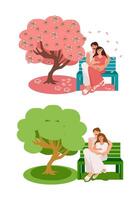 impostato è un' incinta giovane donna seduta con sua marito nel un abbraccio su un' panchina nel il parco vicino un' albero nel primavera e autunno. un' sposato coppia rilassa nel natura durante il caldo stagione. vettore