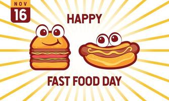 sfondo del giorno del fast food. 16 novembre. biglietto di auguri, banner, illustrazione vettoriale. con l'icona dell'hamburger, dell'hot dog e dell'hamburger. design premium e di lusso vettore