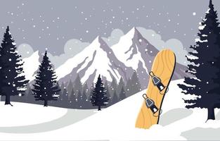 snowboard contro il paesaggio di montagna in inverno vettore