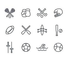 icone della linea di sport e giochi su bianco, baseball, boxe, scherma, lacrosse, football vettore