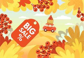 vendita autunnale. layout di sfondo del paesaggio autunnale con foglie, bacche e auto rossa in vendita poster o banner web. vettore