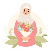 carino islamico donna nel hijab con mazzo di fiori. festivo contento femmina etnico musulmano carattere. illustrazione nel cartone animato piatto stile vettore
